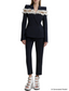 Platlogy Women Navy Ruffled Mesh Patchwork Blazer Pants Set Elegant Formal 2 Piece Suit for Work Party
