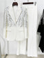 Platlogy Beaded Tuxedo Blazer Straight Leg Pants Suit For Party