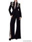 Platlogy Women's Designer Suit Women Beaded Diamonds Stand Collar Single Button Blazer Wide-leg Pants Set 2PCS