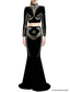 Platlogy Black Heavy Rhinestone Two Piece Evening Set Long Sleeve Cropped Top Asymmetrical Mermaid Skirt Formal Party Outfit