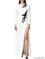 Platlogy Elegant White Long Sleeve Maxi Evening Dress Black Beaded Floral Embroidery Side Slit Formal Party Gown