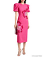 Platlogy Fuchsia Puff Sleeve Midi Dress Hand Beaded Floral Bodycon Formal Party Dress For Women