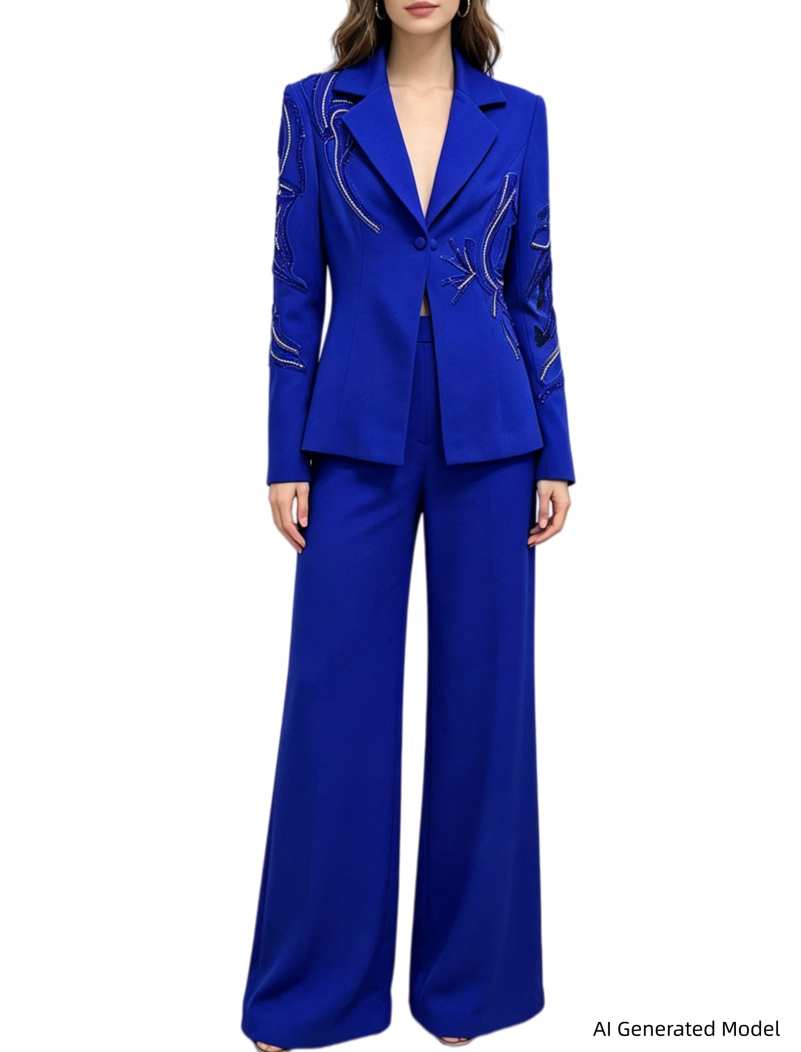 Platlogy Royal Blue Hand Beaded Blazer Wide Leg Pants Two Piece Formal – platlogy