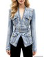 Platlogy V Neck Belted Waist Denim Blazer Women Long Sleeve Pockets Casual Chic Slim Fit Denim Jacket