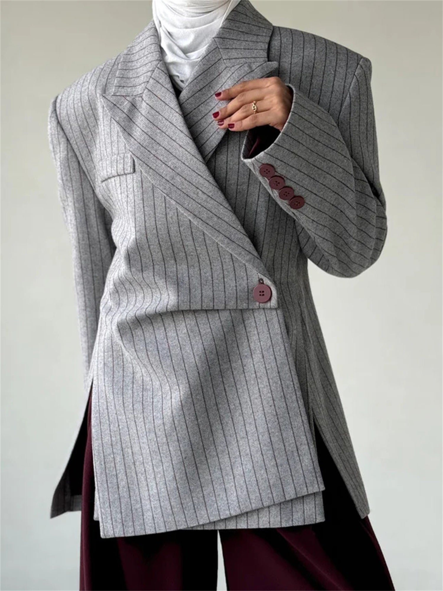 Women's Long Sleeve Striped Blazer with Unique Cut Design