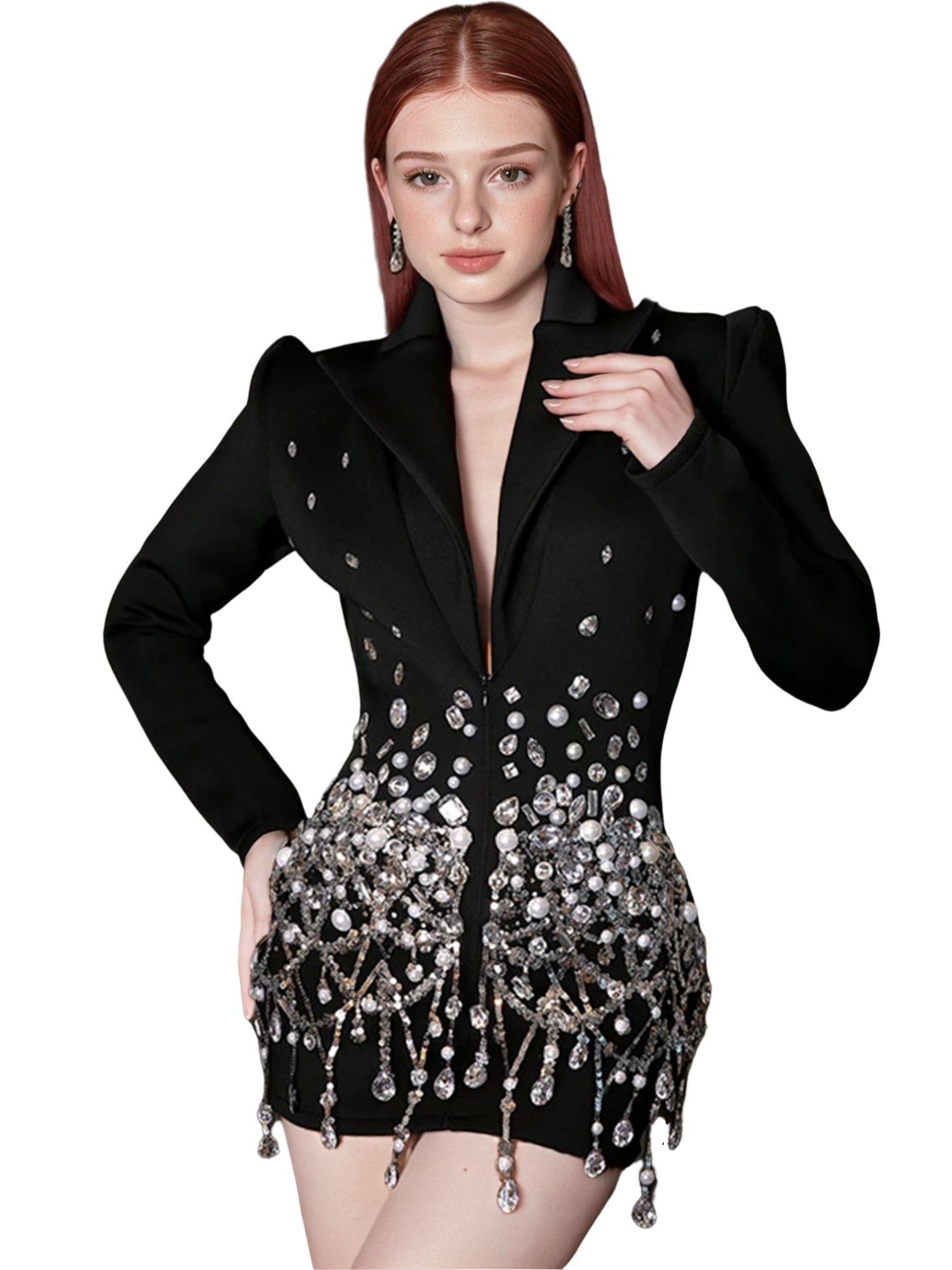 Luxury Beaded And Rhinestone Bodycon Blazer Dress For Formal Occasions