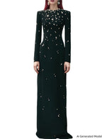 Platlogy Womens Embellished Long Sleeve Maxi Dress Formal Evening Party Gown
