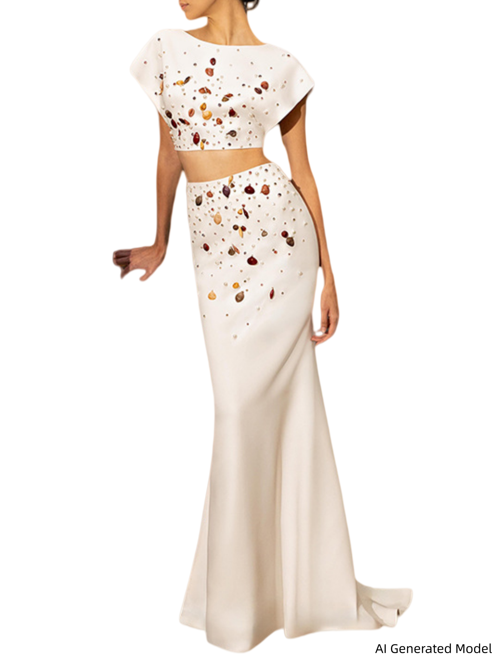 Platlogy Luxury Handmade Shell Beaded Two Piece Outfit Elegant Crop Top Mermaid Long Skirt Set For Wedding Guest Formal Party Main image