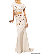 Platlogy Luxury Handmade Shell Beaded Two Piece Outfit Elegant Crop Top Mermaid Long Skirt Set For Wedding Guest Formal Party