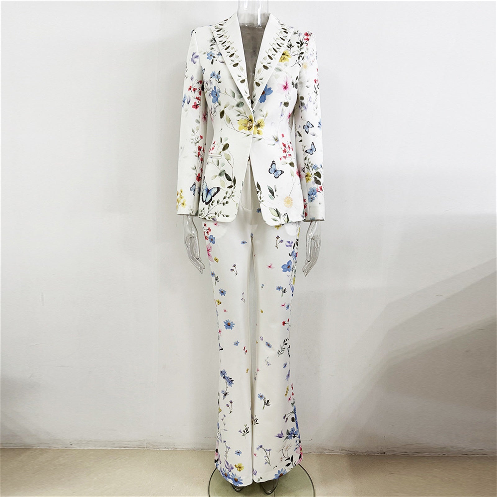 Platlogy Women Floral Butterfly Print Blazer Flared Pants Two Piece Elegant Formal Suit Set