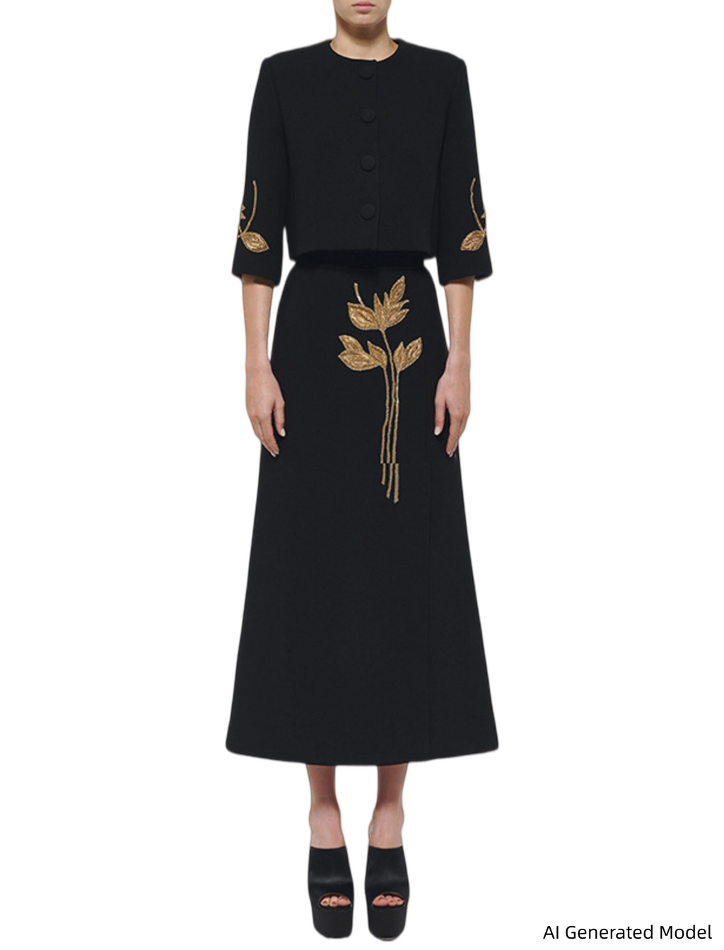 Platlogy Elegant Gold Leaf Embroidery Black Two Piece Set Cropped Jacket And Midi Skirt Formal Women Outfit For Office Wedding Party