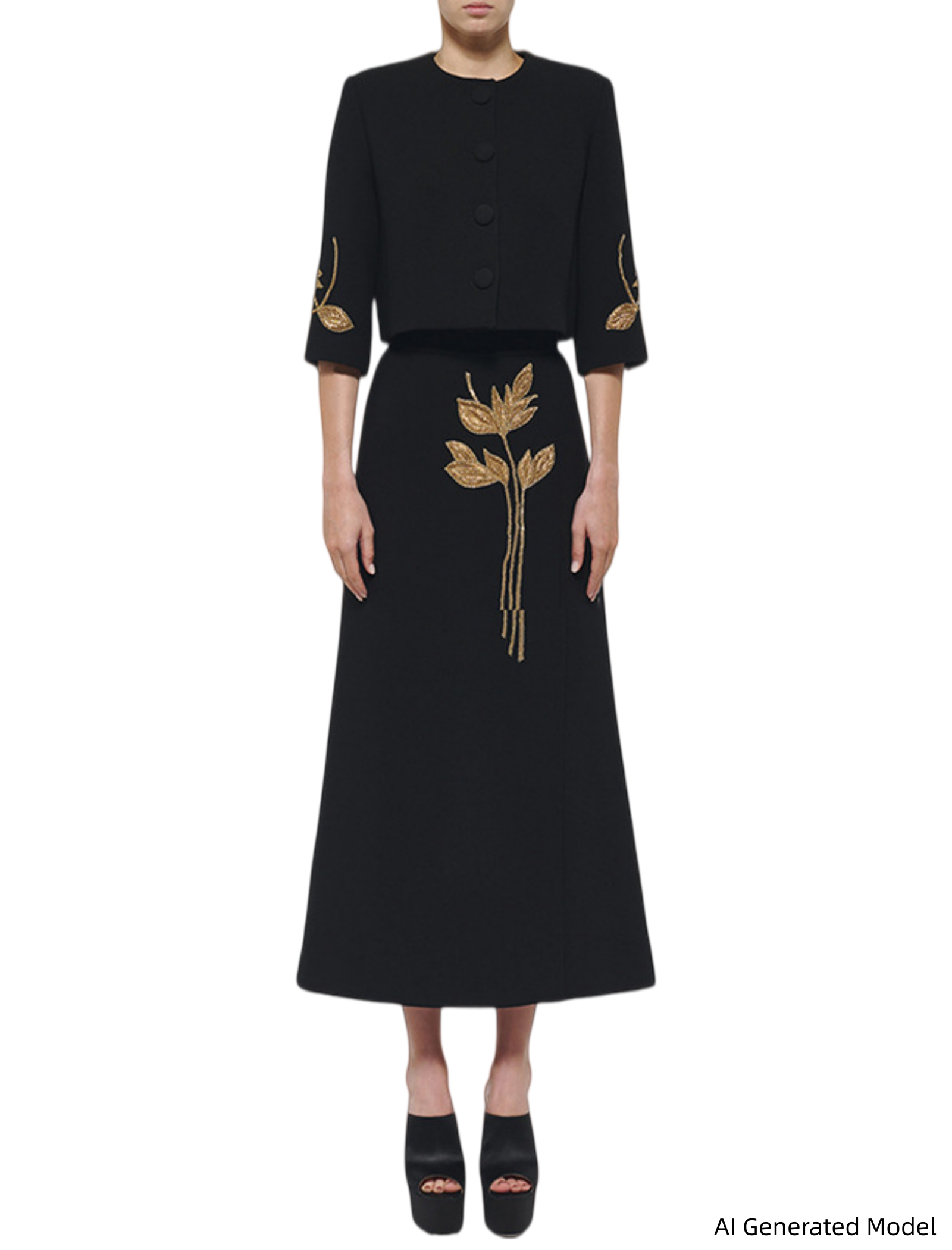 Platlogy Elegant Gold Leaf Embroidery Black Two Piece Set Cropped Jacket And Midi Skirt Formal Women Outfit For Office Wedding Party