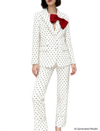 Platlogy Women White Polka Dot Suit Set With Red Bow Blazer And Straight Trousers 2 Piece Outfit For Work Party Daily Wear