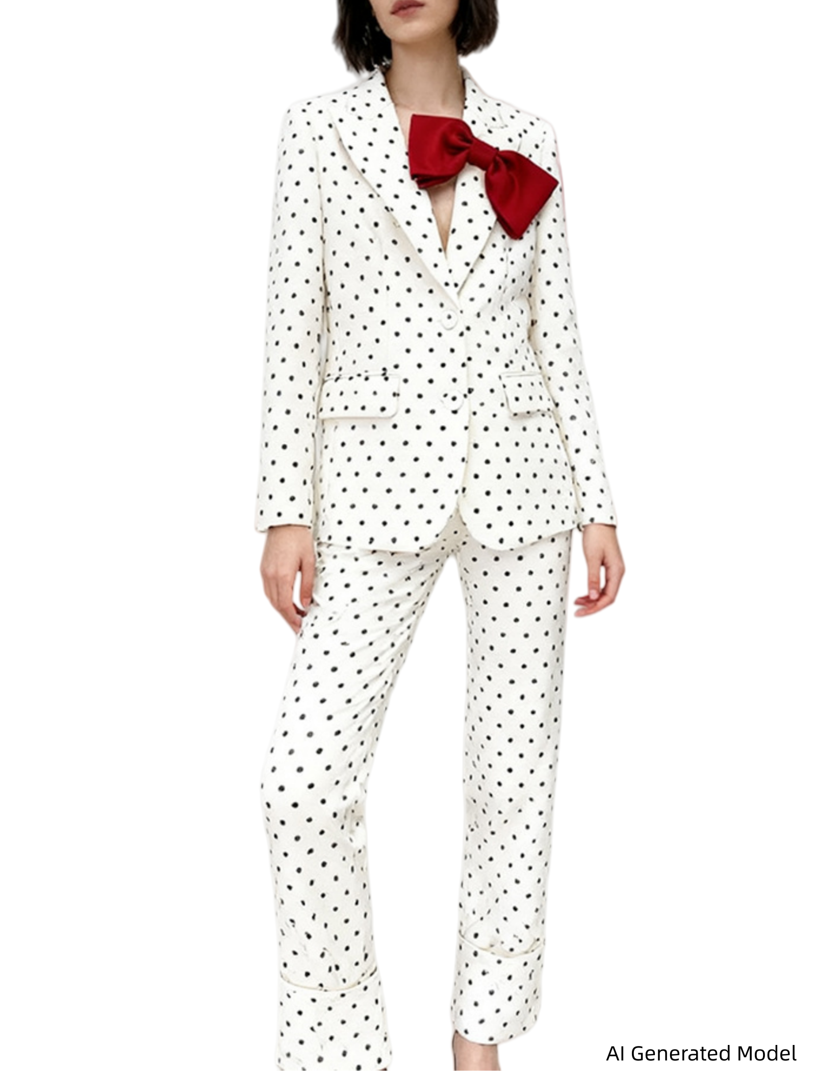 Platlogy Women White Polka Dot Suit Set With Red Bow Blazer And Straight Trousers 2 Piece Outfit For Work Party Daily Wear