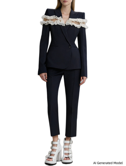 Platlogy Women Navy Ruffled Mesh Patchwork Blazer Pants Set Elegant Formal 2 Piece Suit for Work Party