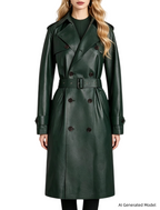 Platlogy Emerald Green Double Breasted Belted Long Leather Trench Coat For Women Elegant Fall Winter Outerwear