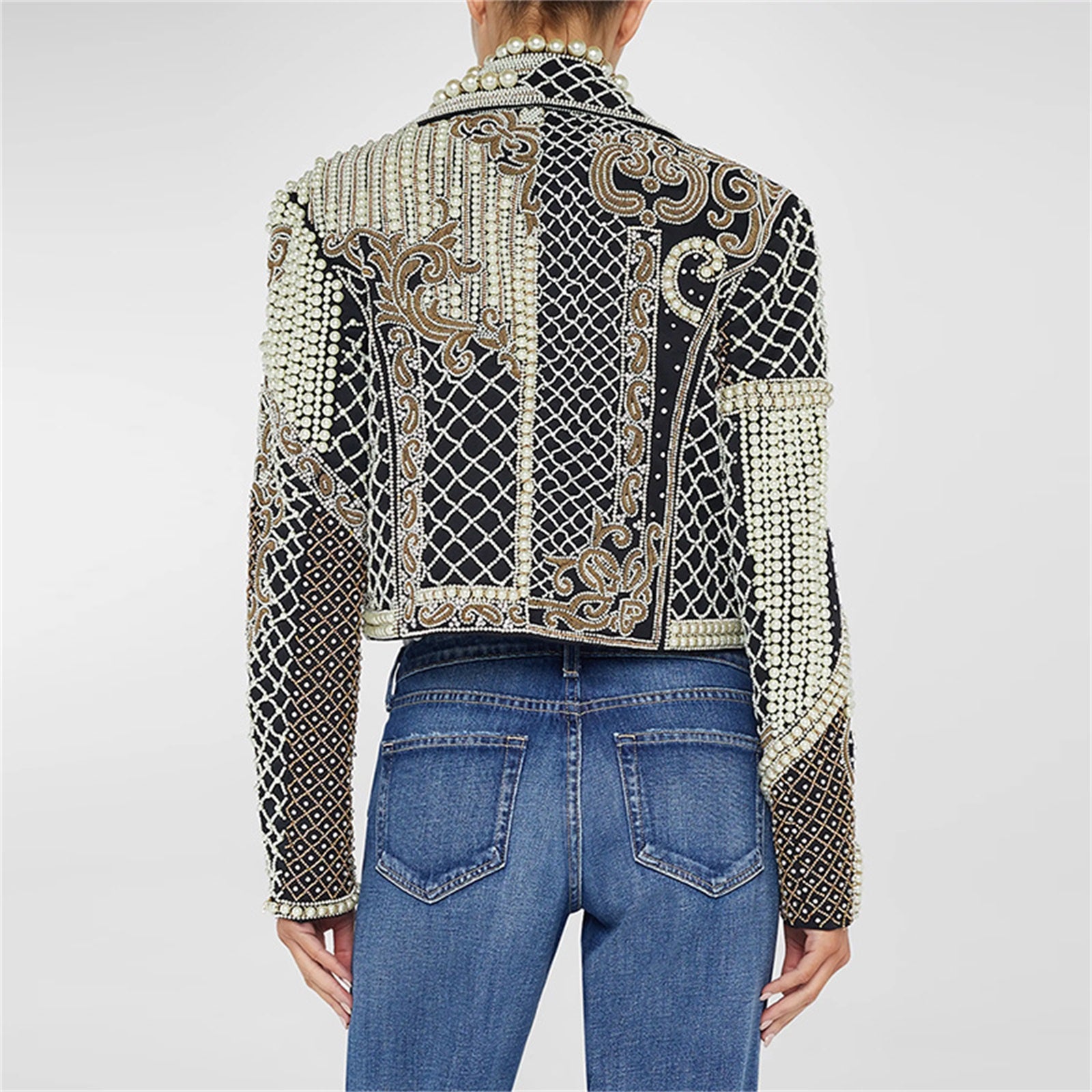 Platlogy Luxury Heavy Pearl Embroidered Cropped Blazer Women Lapel Long Sleeve Elegant Party Dressy Jacket