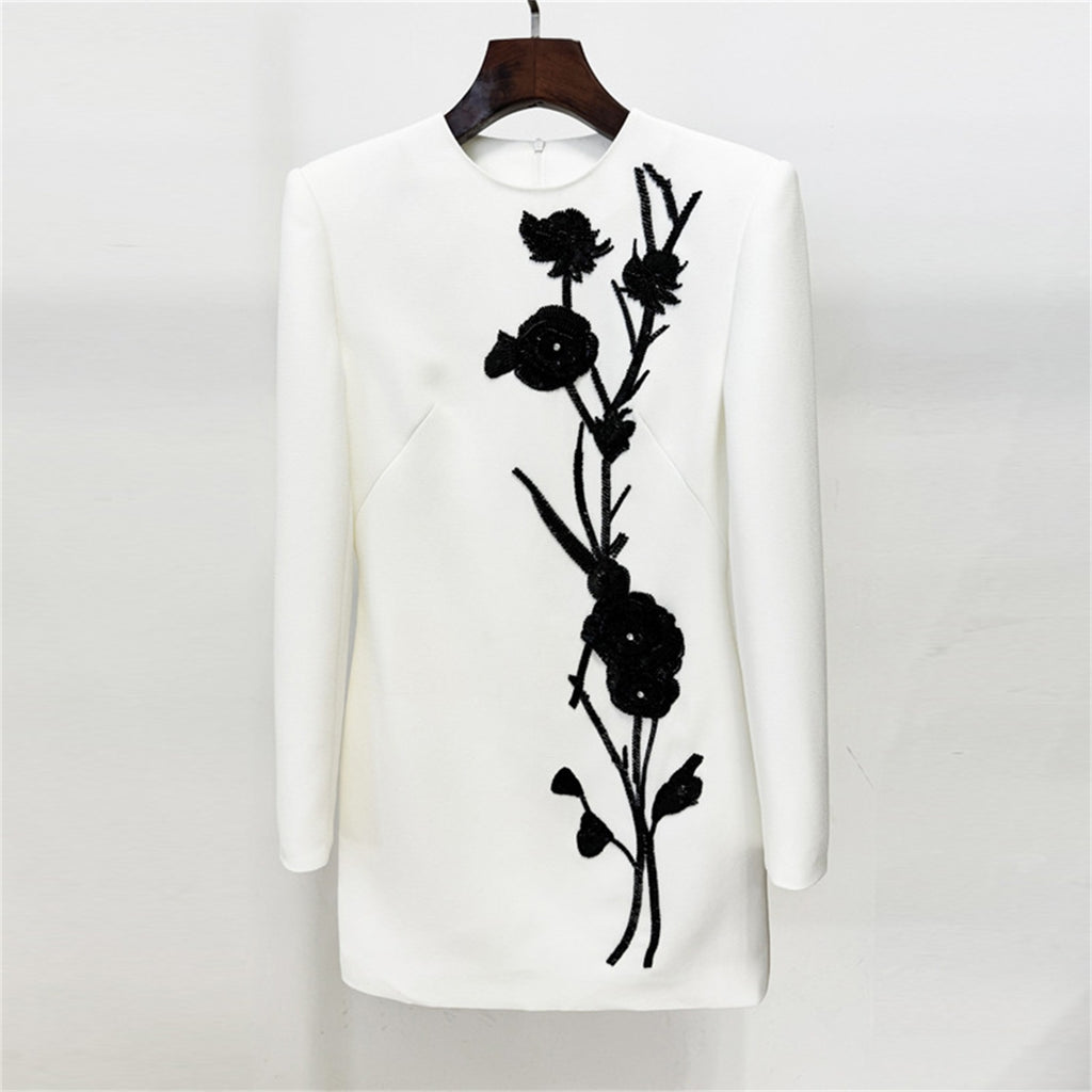 Women Floral Embroidered Blazer Dress Round Neck Long Sleeve Workwear Mini Dress