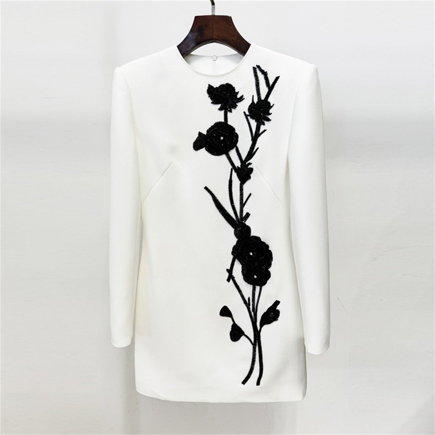 Women Floral Embroidered Blazer Dress Round Neck Long Sleeve Workwear Mini Dress
