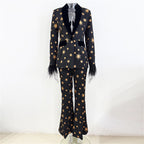 Platlogy Black Golden Star Embroidery Feather Cuff Blazer Flared Pants Two Piece Formal Suit For Women Luxury Evening Party Matching Outfit