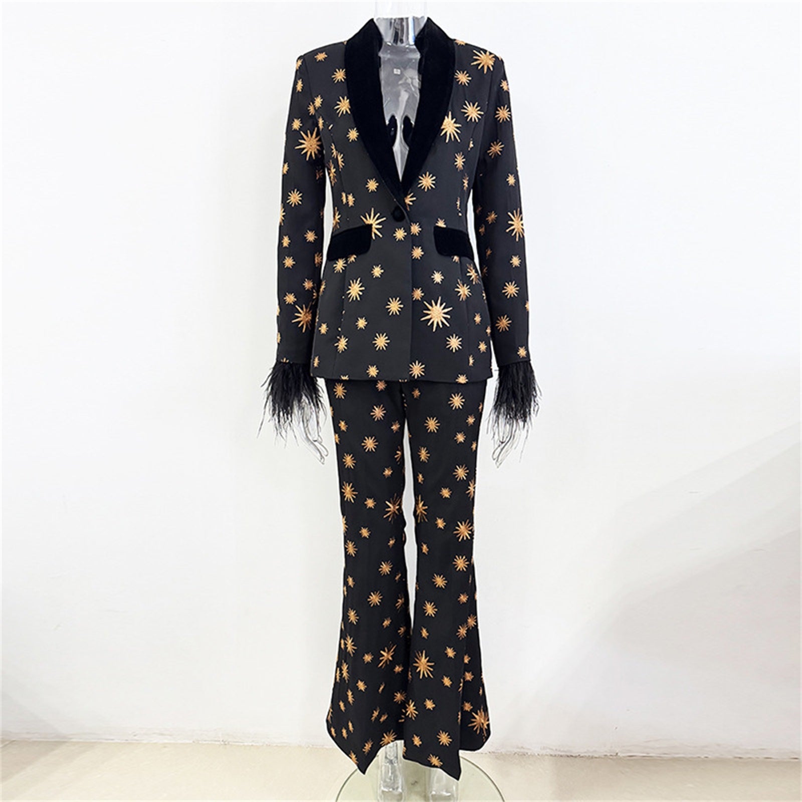 Platlogy Black Golden Star Embroidery Feather Cuff Blazer Flared Pants Two Piece Formal Suit For Women Luxury Evening Party Matching Outfit