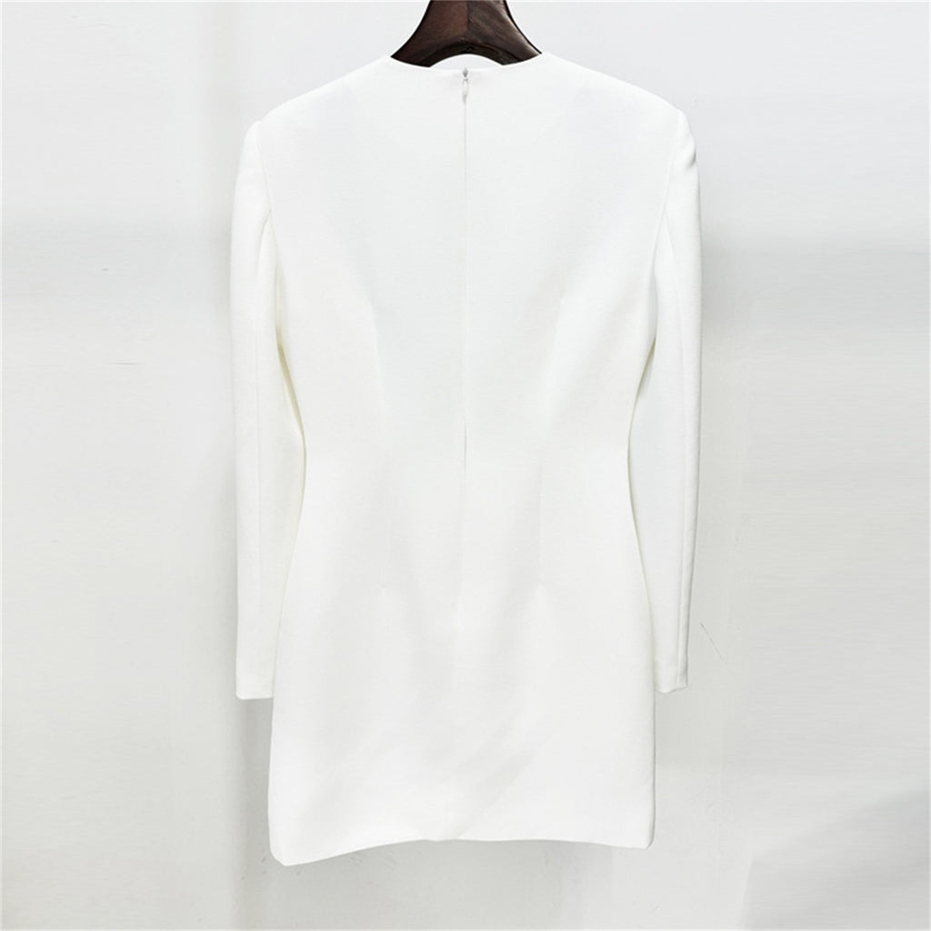 Women Floral Embroidered Blazer Dress Round Neck Long Sleeve Workwear Mini Dress