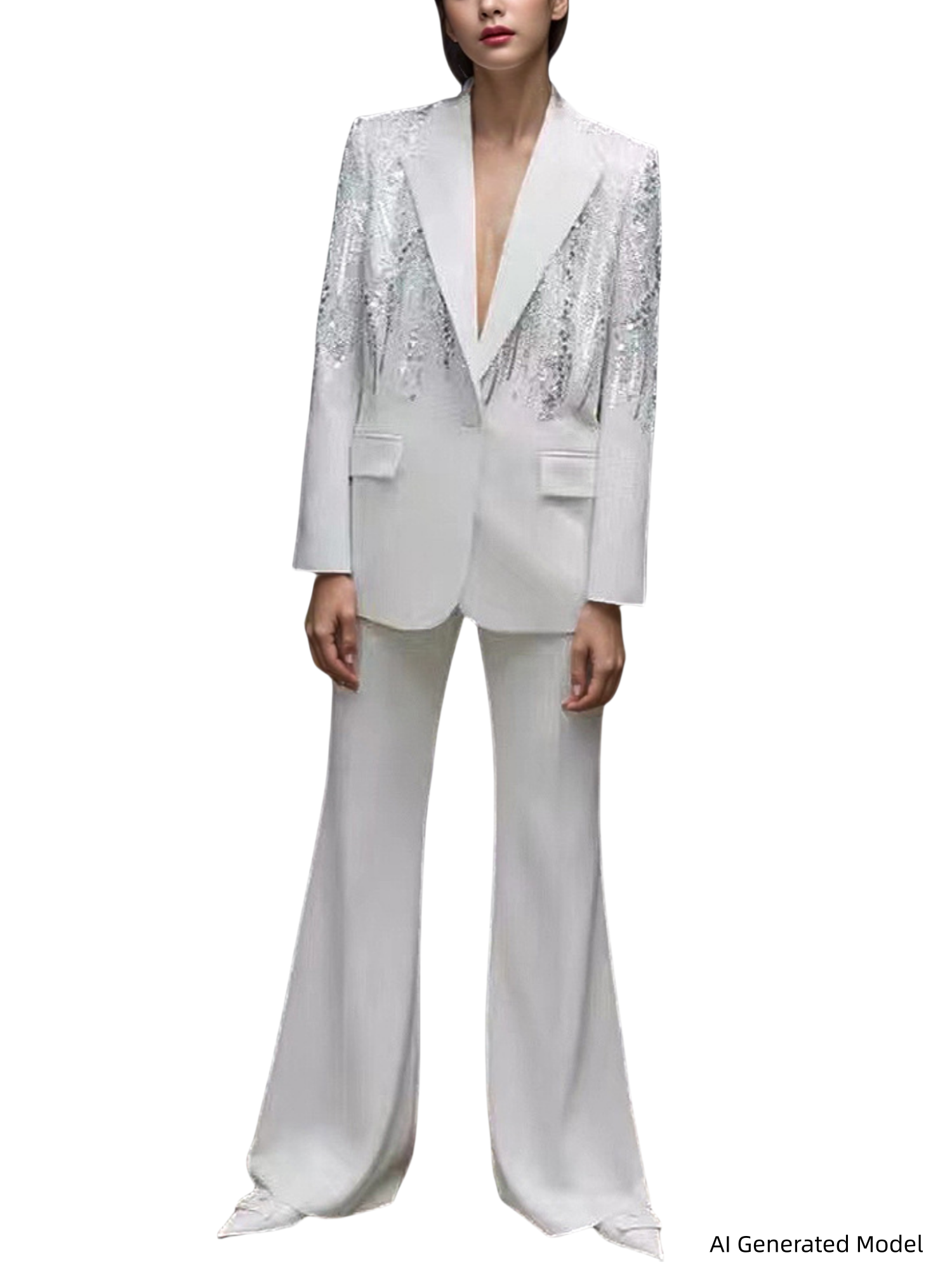 Platlogy  Beaded Tuxedo Blazer Straight Leg Pants Suit For Party Main image