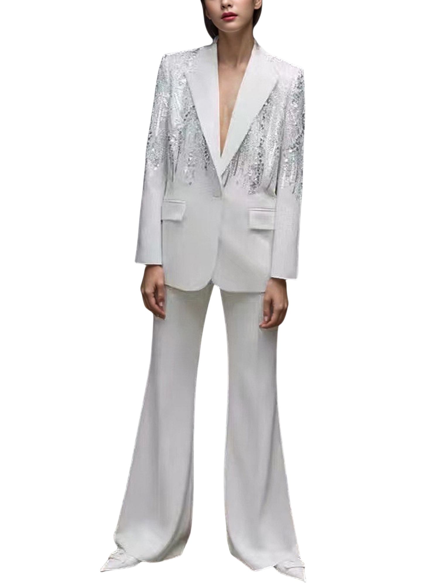 Sparkly Beaded Tuxedo Blazer Straight Leg Pants Suit For Party