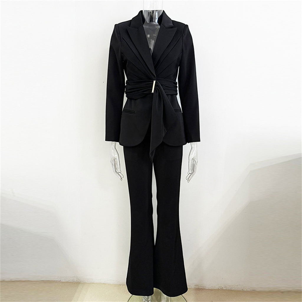 Platlogy Elegant Purple Tie Waist Women Blazer And Flared Pants Formal Suit Set For Work Party Events