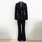 Platlogy Elegant Purple Tie Waist Women Blazer And Flared Pants Formal Suit Set For Work Party Events