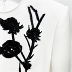 Women Floral Embroidered Blazer Dress Round Neck Long Sleeve Workwear Mini Dress