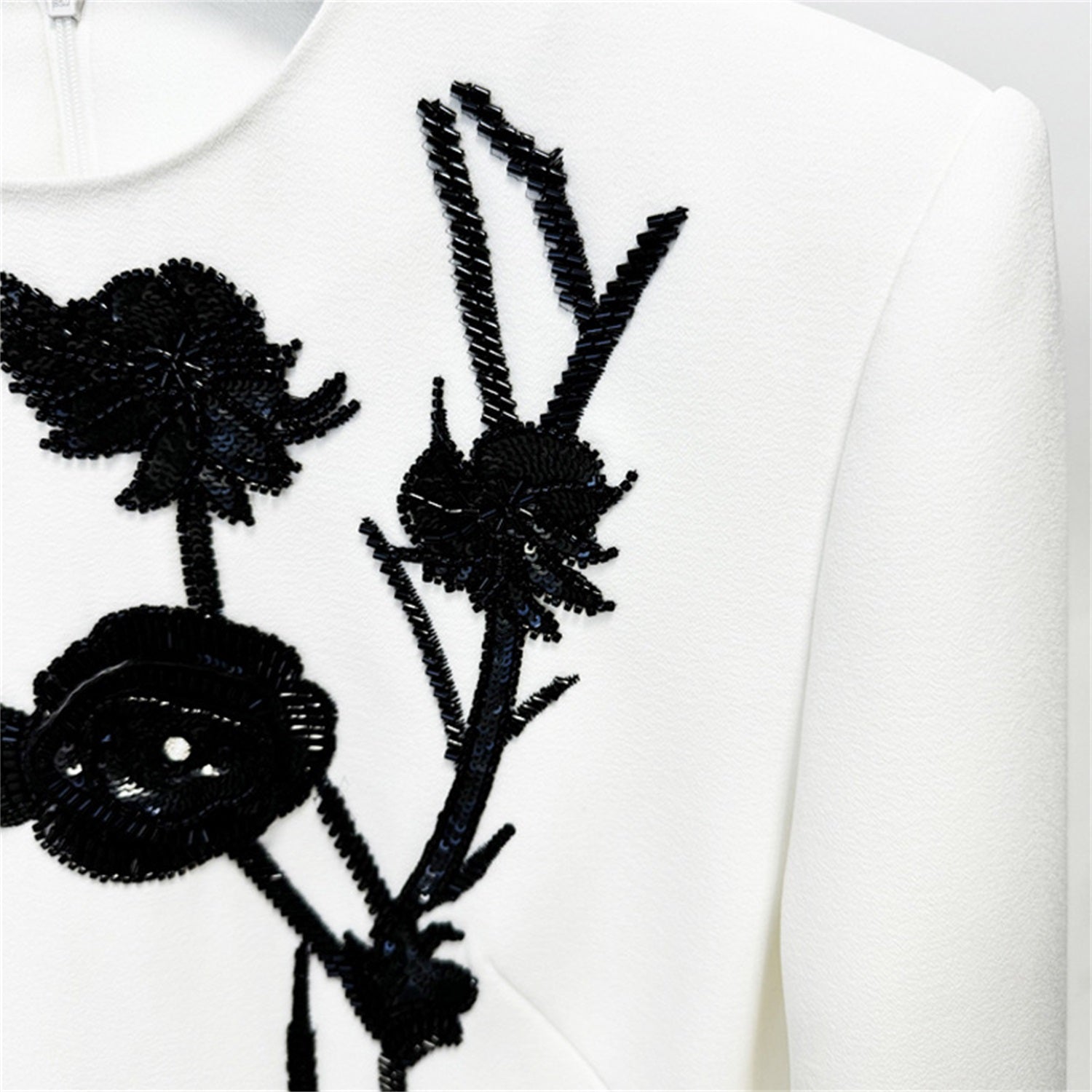 Women Floral Embroidered Blazer Dress Round Neck Long Sleeve Workwear Mini Dress
