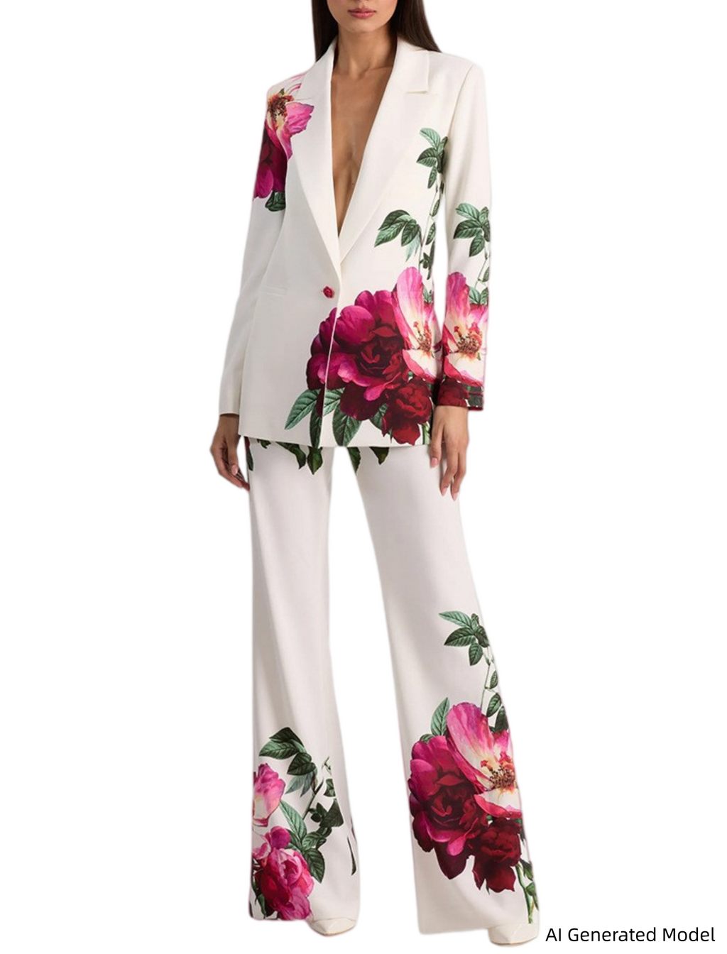 Platlogy Elegant Big Rose Print White Two Piece Women Suit Blazer and Long Pants Set for Formal Business Party Occasions