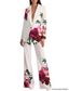 Platlogy Elegant Big Rose Print White Two Piece Women Suit Blazer and Long Pants Set for Formal Business Party Occasions