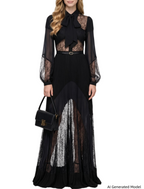 Platlogy Black Lace Patchwork Maxi Dress Bow Collar Long Sleeve Pleated Formal Evening Party Long Dresses