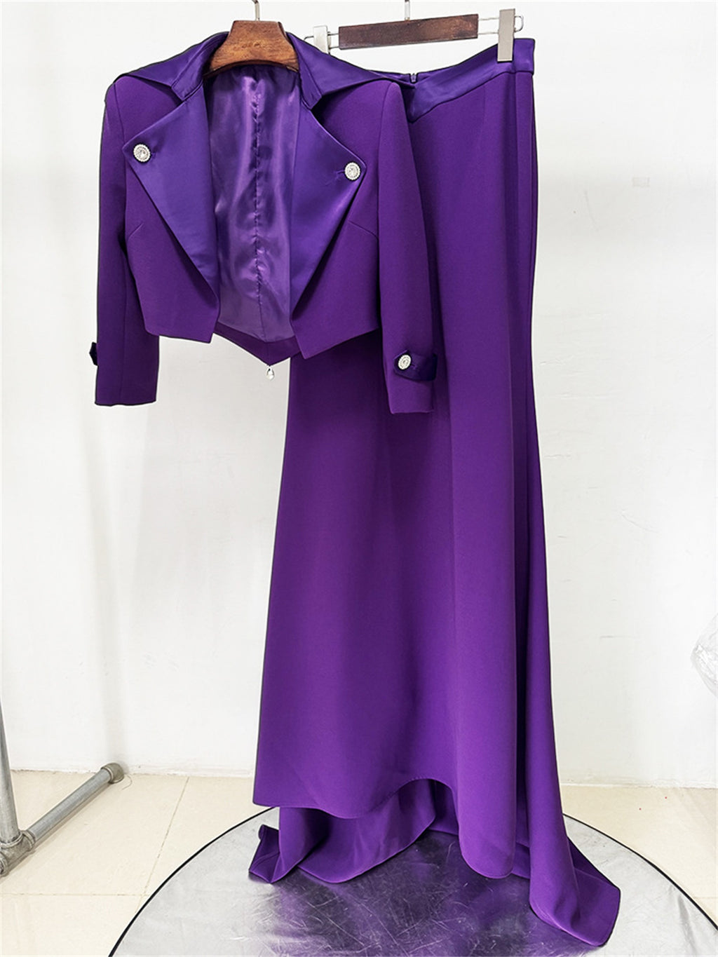 Platlogy Purple Elegant Cropped Blazer Mermaid Maxi Skirt Two Piece Formal Outfit For Evening Party Wedding Guest