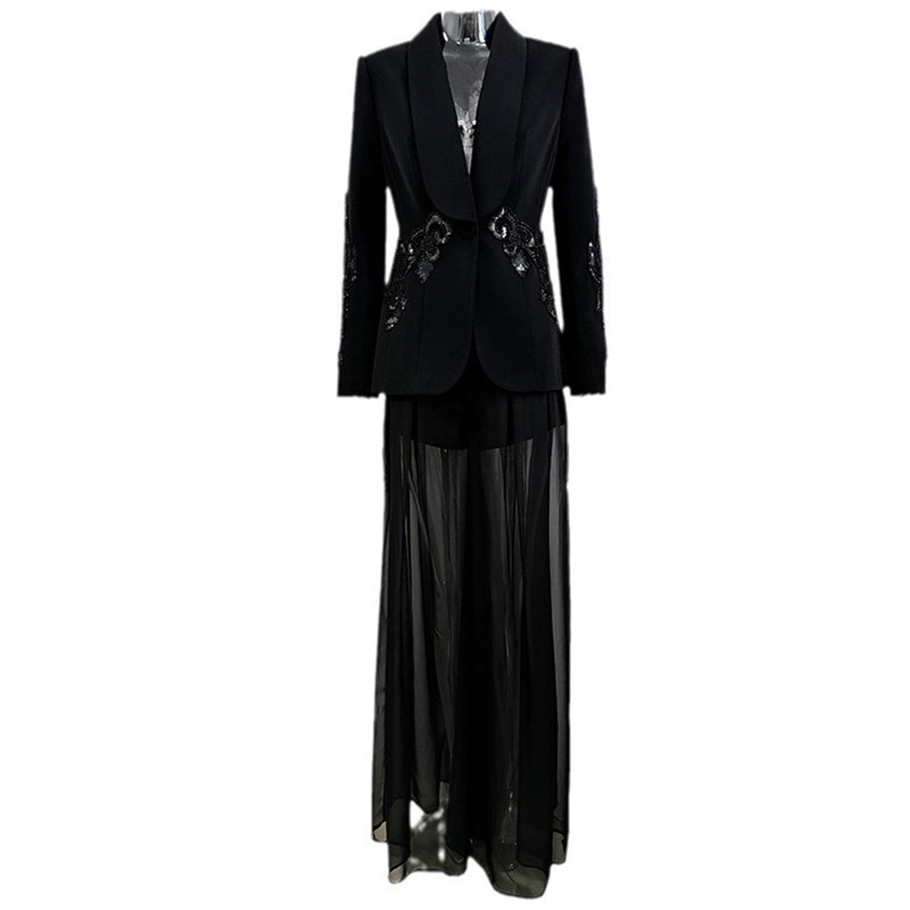 Platlogy Elegant Rhinestone Cutout Back Blazer Sheer Mesh Wide Leg Pants Formal Two Piece Women Suit