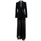 Platlogy Elegant Rhinestone Cutout Back Blazer Sheer Mesh Wide Leg Pants Formal Two Piece Women Suit