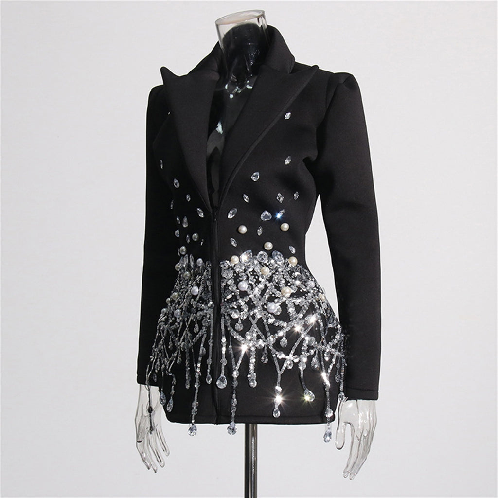 Luxury Beaded And Rhinestone Bodycon Blazer Dress For Formal Occasions