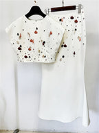 Platlogy Luxury Handmade Shell Beaded Two Piece Outfit Elegant Crop Top Mermaid Long Skirt Set For Wedding Guest Formal Party