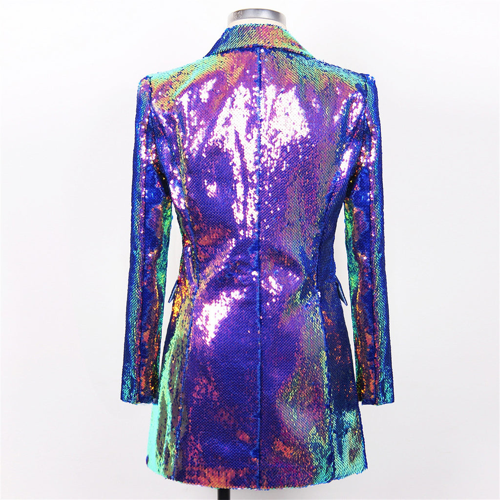 Women Sequin Blazer Single Button Long Sleeve Party Clubwear Jacket
