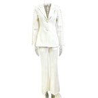 Platlogy White Pearl Decorated Blazer Pants Set Elegant Formal Women Two Piece Suit For Work Party Events