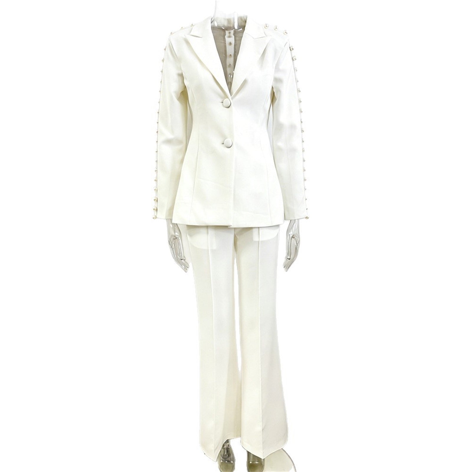 Platlogy White Pearl Decorated Blazer Pants Set Elegant Formal Women Two Piece Suit For Work Party Events