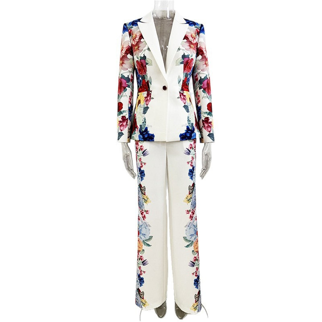 Platlogy Floral Print White Blazer and Straight Pants Two Piece Women Formal Suit Set For Party Business Daily Wear
