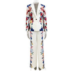 Platlogy Floral Print White Blazer and Straight Pants Two Piece Women Formal Suit Set For Party Business Daily Wear