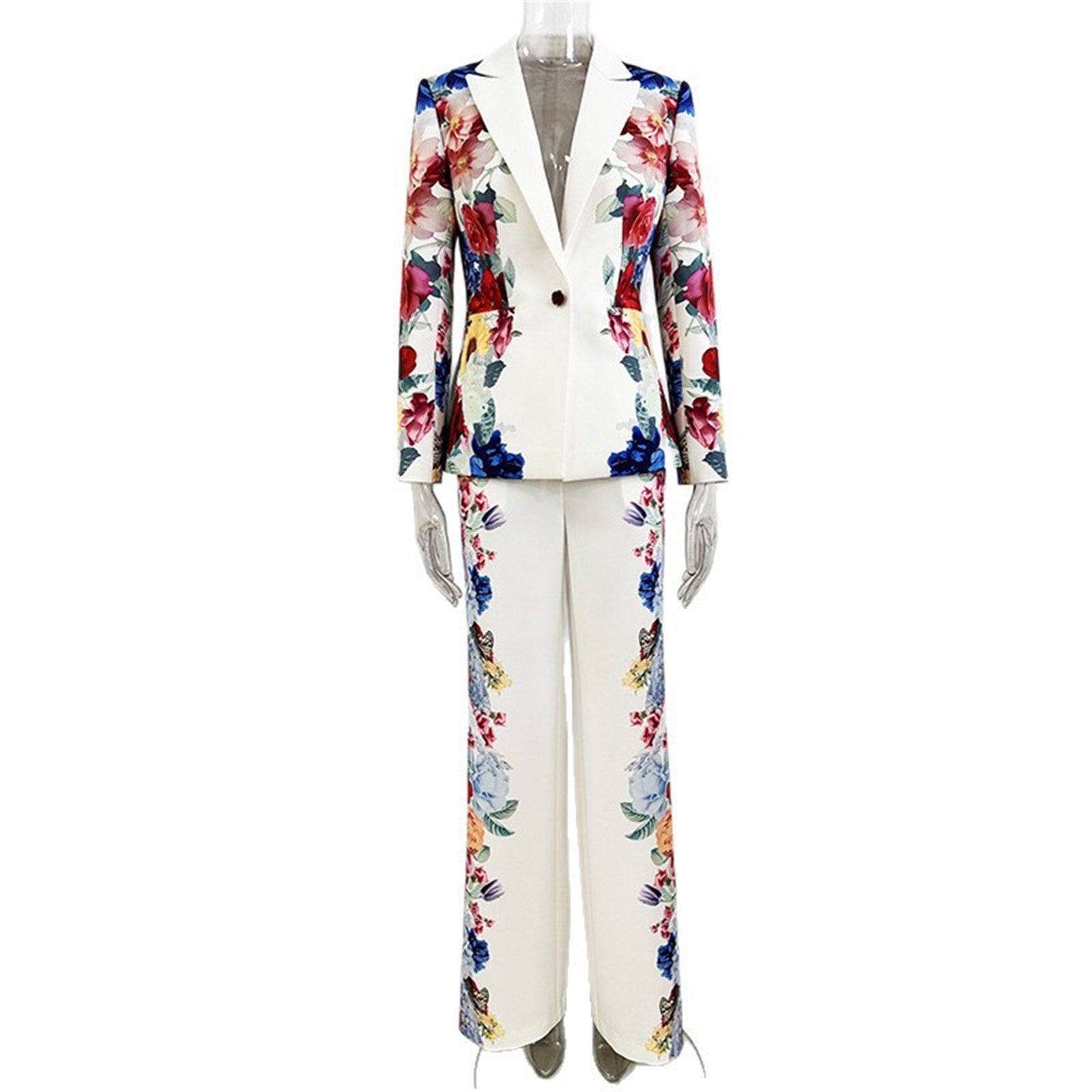 Platlogy Floral Print White Blazer and Straight Pants Two Piece Women Formal Suit Set For Party Business Daily Wear
