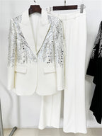 Sparkly Beaded Tuxedo Blazer Straight Leg Pants Suit For Party