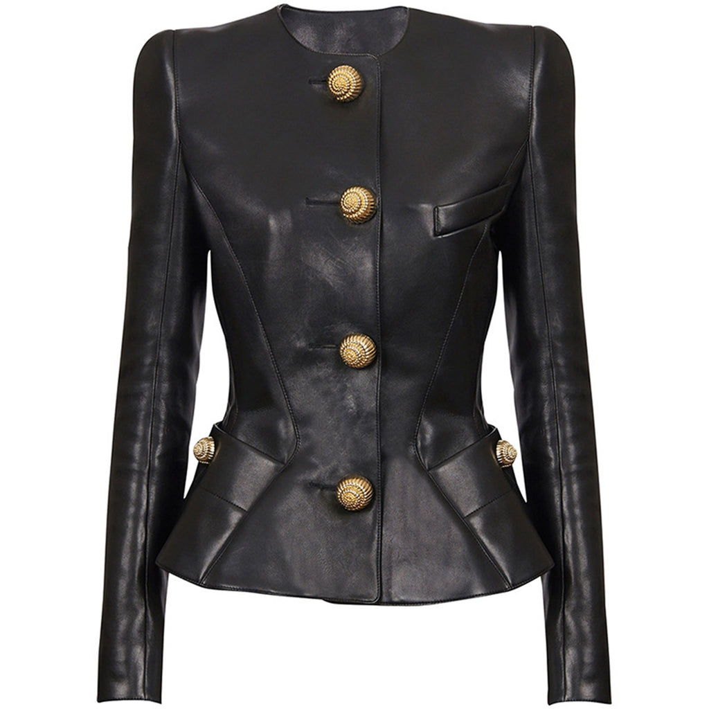 Platlogy Women Round Neck Gold Button Slim Faux Leather Cropped Jacket Elegant Formal Daily Outerwear