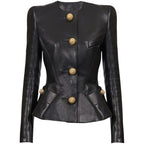 Platlogy Women Round Neck Gold Button Slim Faux Leather Cropped Jacket Elegant Formal Daily Outerwear
