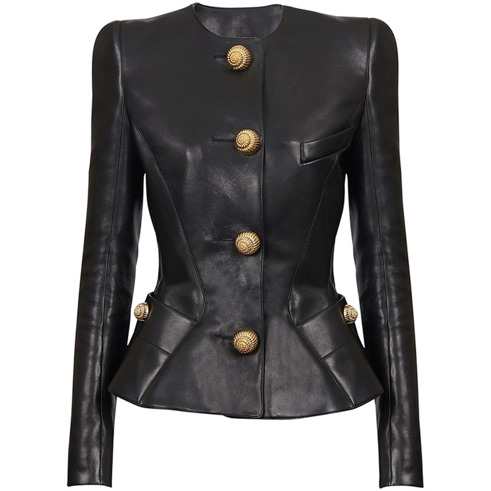 Platlogy Women Round Neck Gold Button Slim Faux Leather Cropped Jacket Elegant Formal Daily Outerwear